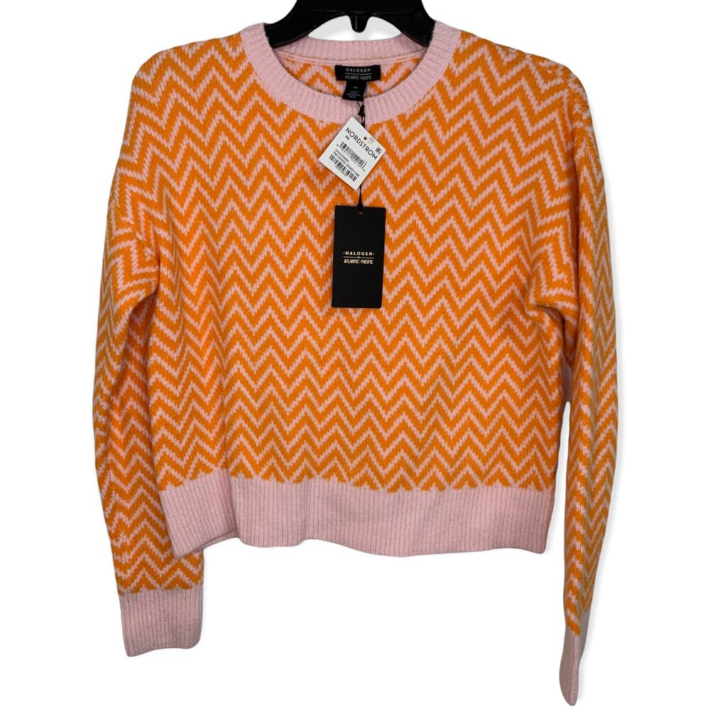 Halogen X Atlantic-pacific Boxy‎ Zigzag Sweater Pink Shadow Orange Flame XS NWT
